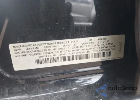 2007 Volkswagen Jetta 2.5 из США, поврежденный, VIN 3VWSF71K17M030645